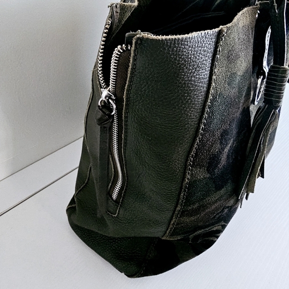 Sanctuary Rose Print Suede Genuine Green Pebbled Leather Fringe Tassel Tote Bag - Picture 4 of 10